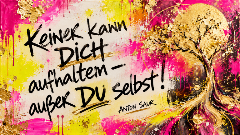 Bunte Wandmalerei mit Zitat von Anton Saur in deutscher Sprache auf lebhaftem Hintergrund in Gelb, Pink und Gold mit einem stilisierten Baum und goldenem Vollmond rechts.